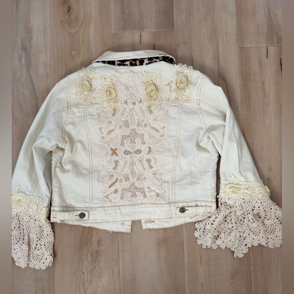 Sunday Cream Denim Jacket| Lace Beaded detailing| Rare find| Boho